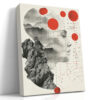 Human face profile with mountain landscape, red geometric spheres and node diagram, mixed-media abstract canvas art