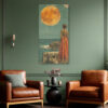 Woman in patterned amber skirt facing full moon over coastal ruins, warm teal and golden wall art canvas for living room