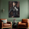 Woman in black corset jacket and top hat against brick wall, dramatic Victorian portrait canvas for industrial living room