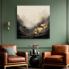 Golden poppy flowers and ink wash mountain mist in charcoal and gold, dramatic mixed-media wall art for living room