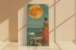Woman in patterned amber skirt facing full moon over coastal ruins, warm teal and golden wall art canvas for living room