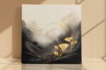 Golden poppy flowers and ink wash mountain mist in charcoal and gold, dramatic mixed-media wall art for living room
