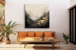 Golden poppy flowers and ink wash mountain mist in charcoal and gold, dramatic mixed-media wall art for living room