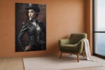 Woman in black corset jacket and top hat against brick wall, dramatic Victorian portrait canvas for industrial living room