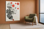 Human face profile with mountain landscape, red geometric spheres and node diagram, mixed-media abstract canvas art