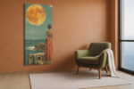 Woman in patterned amber skirt facing full moon over coastal ruins, warm teal and golden wall art canvas for living room