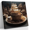 Tall sailing ship rising from an engraved teacup, sepia and dark blue digital art canvas for a home office