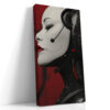 Humanoid robot side-profile in deep crimson and near-black, bold industrial digital art canvas for living room or home office