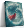 White East Asian dragon coiling in a circle over teal water with red-dressed figure, bold fantasy digital art canvas print
