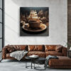 Tall sailing ship rising from an engraved teacup, sepia and dark blue digital art canvas for a home office