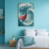 White East Asian dragon coiling in a circle over teal water with red-dressed figure, bold fantasy digital art canvas print