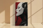 Humanoid robot side-profile in deep crimson and near-black, bold industrial digital art canvas for living room or home office
