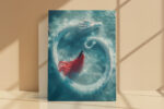 White East Asian dragon coiling in a circle over teal water with red-dressed figure, bold fantasy digital art canvas print