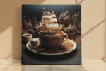 Tall sailing ship rising from an engraved teacup, sepia and dark blue digital art canvas for a home office