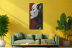 Humanoid robot side-profile in deep crimson and near-black, bold industrial digital art canvas for living room or home office