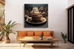 Tall sailing ship rising from an engraved teacup, sepia and dark blue digital art canvas for a home office