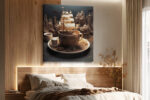 Tall sailing ship rising from an engraved teacup, sepia and dark blue digital art canvas for a home office