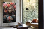 Woman with pink floral headdress and olive branches, romantic bohemian portrait digital art canvas for bedroom or living room
