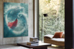 White East Asian dragon coiling in a circle over teal water with red-dressed figure, bold fantasy digital art canvas print