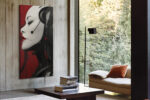 Humanoid robot side-profile in deep crimson and near-black, bold industrial digital art canvas for living room or home office