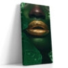 Close-up green face with metallic gold lips and tropical leaves, bold maximalist portrait canvas wall art