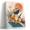 Bearded dragon lizard on teal rock with circular sun and palm leaves, warm-tones bohemian illustration canvas for living room