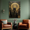 Dark figure with golden disc halo and dripping gold lines, bold digital art portrait canvas for living room or home office