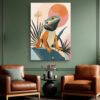 Bearded dragon lizard on teal rock with circular sun and palm leaves, warm-tones bohemian illustration canvas for living room