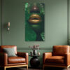 Close-up green face with metallic gold lips and tropical leaves, bold maximalist portrait canvas wall art
