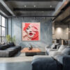Female face emerging through coral pink geometric paper layers, bold red lips portrait mixed-media canvas for living room