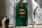 Close-up green face with metallic gold lips and tropical leaves, bold maximalist portrait canvas wall art