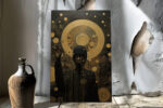 Dark figure with golden disc halo and dripping gold lines, bold digital art portrait canvas for living room or home office