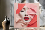 Female face emerging through coral pink geometric paper layers, bold red lips portrait mixed-media canvas for living room