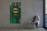 Close-up green face with metallic gold lips and tropical leaves, bold maximalist portrait canvas wall art