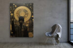 Dark figure with golden disc halo and dripping gold lines, bold digital art portrait canvas for living room or home office