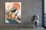 Bearded dragon lizard on teal rock with circular sun and palm leaves, warm-tones bohemian illustration canvas for living room