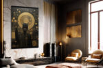 Dark figure with golden disc halo and dripping gold lines, bold digital art portrait canvas for living room or home office