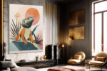 Bearded dragon lizard on teal rock with circular sun and palm leaves, warm-tones bohemian illustration canvas for living room