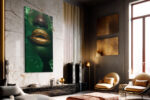 Close-up green face with metallic gold lips and tropical leaves, bold maximalist portrait canvas wall art