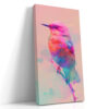 Geometric faceted bird on branch with paint splashes in blush pink and magenta, digital art canvas for bedroom