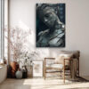 Cracked humanoid bust sculpture in cool slate grey and teal-black, moody digital art canvas for living room or hallway