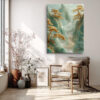 Jade green cliffs with gold pine trees and winding river, East Asian landscape digital art canvas for living room