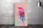 Geometric faceted bird on branch with paint splashes in blush pink and magenta, digital art canvas for bedroom