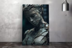 Cracked humanoid bust sculpture in cool slate grey and teal-black, moody digital art canvas for living room or hallway