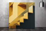 Geometric staircase in golden yellow and deep teal, bold architectural digital art canvas for contemporary living room