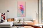Geometric faceted bird on branch with paint splashes in blush pink and magenta, digital art canvas for bedroom