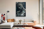 Cracked humanoid bust sculpture in cool slate grey and teal-black, moody digital art canvas for living room or hallway