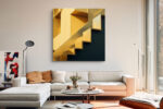 Geometric staircase in golden yellow and deep teal, bold architectural digital art canvas for contemporary living room