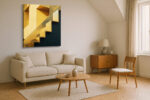 Geometric staircase in golden yellow and deep teal, bold architectural digital art canvas for contemporary living room