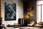 Cracked humanoid bust sculpture in cool slate grey and teal-black, moody digital art canvas for living room or hallway